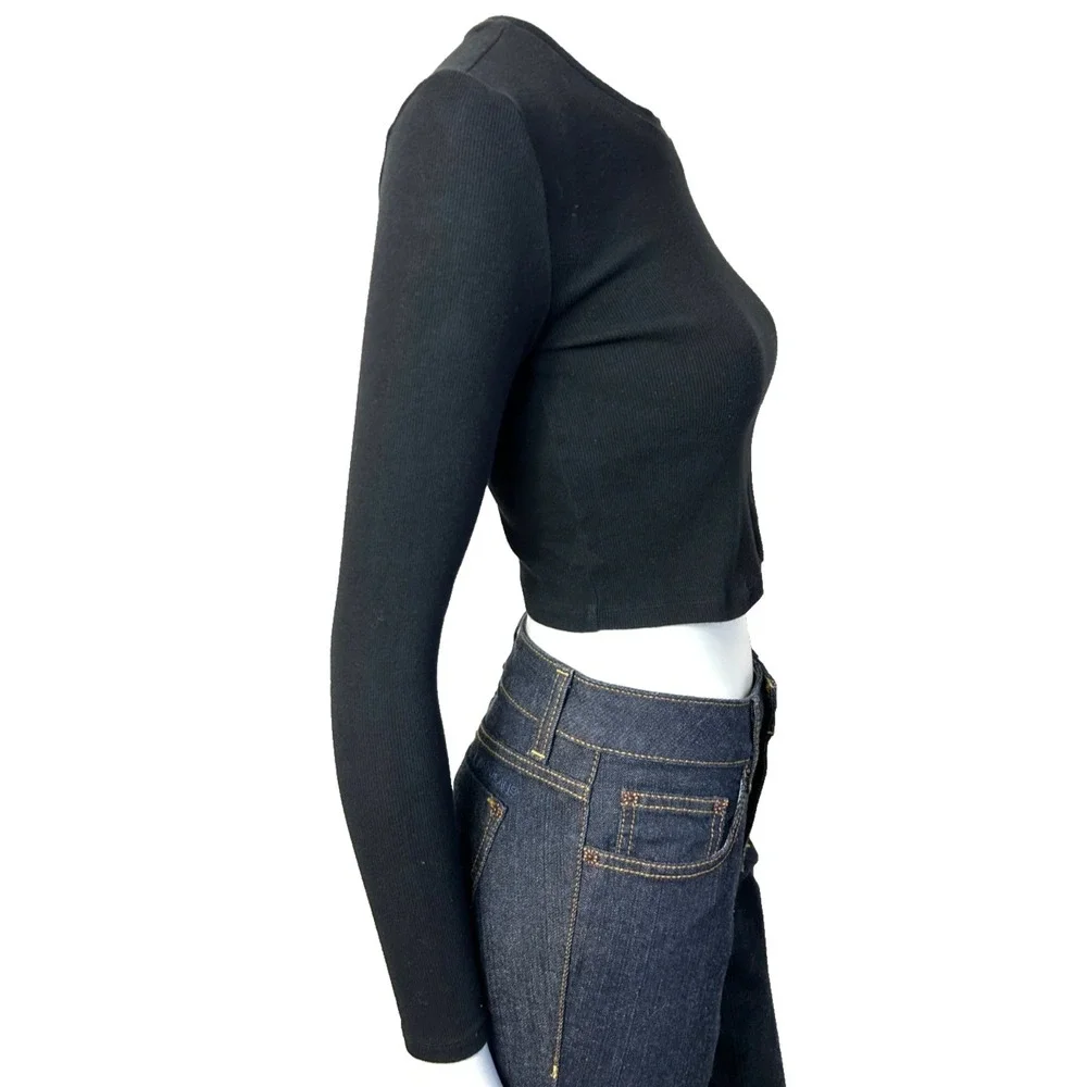 TNA Aritzia Black Cropped Long Sleeve Ribbed Knit T-Shirt S Minimalist Basic EUC